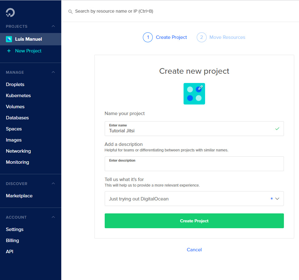 crear nuevo proyecto en DigitalOcean